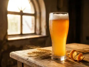 Recepten en Blog 2 Ein Glas trübes Weizenbier mit einer dichten, weißen Schaumkrone auf einem Holztisch neben Weizenhalmen und Orangenschalen im goldenen Sonnenlicht