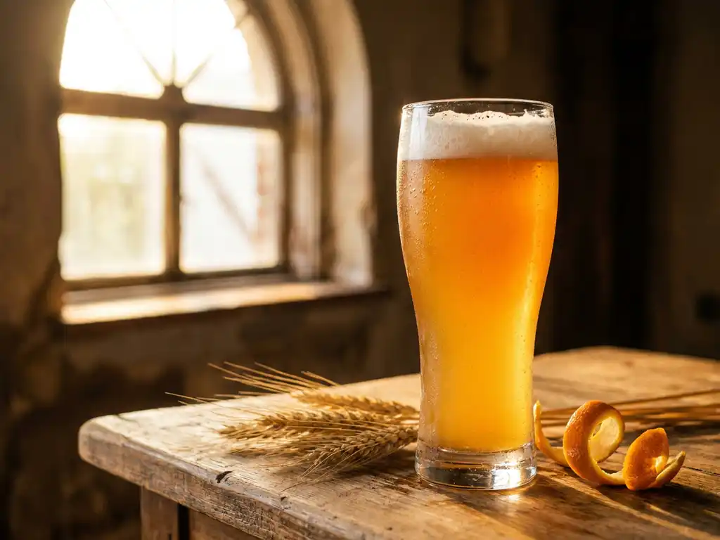 Glas troebel tarwebier met dikke witte schuimkraag op houten tafel naast tarwehalmen en sinaasappelschil in gouden zonlicht