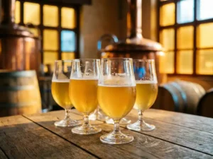 Recepten en Blog 5 Gouden tarwebieren en lichte pilseners in elegante glazen op verweerde eikenhouten brouwerijstafel met condensdruppels