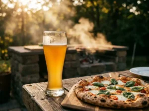 Recepten en Blog 6 Gouden tarwebier met condensdruppels naast houtgestookte pizza met basilicum en kaas op rustieke houten tafel