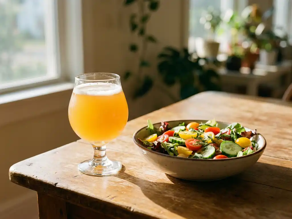 Gouden tarwebier in elegant glas naast kleurrijke zomersalade met verse groenten op rustieke houten tafel in warm zonlicht