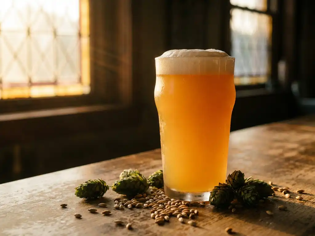 Gouden Triple IPA bier in berijpt glas met dikke witte schuimkraag op houten bar, omringd door hopbellen en gerstkorrels