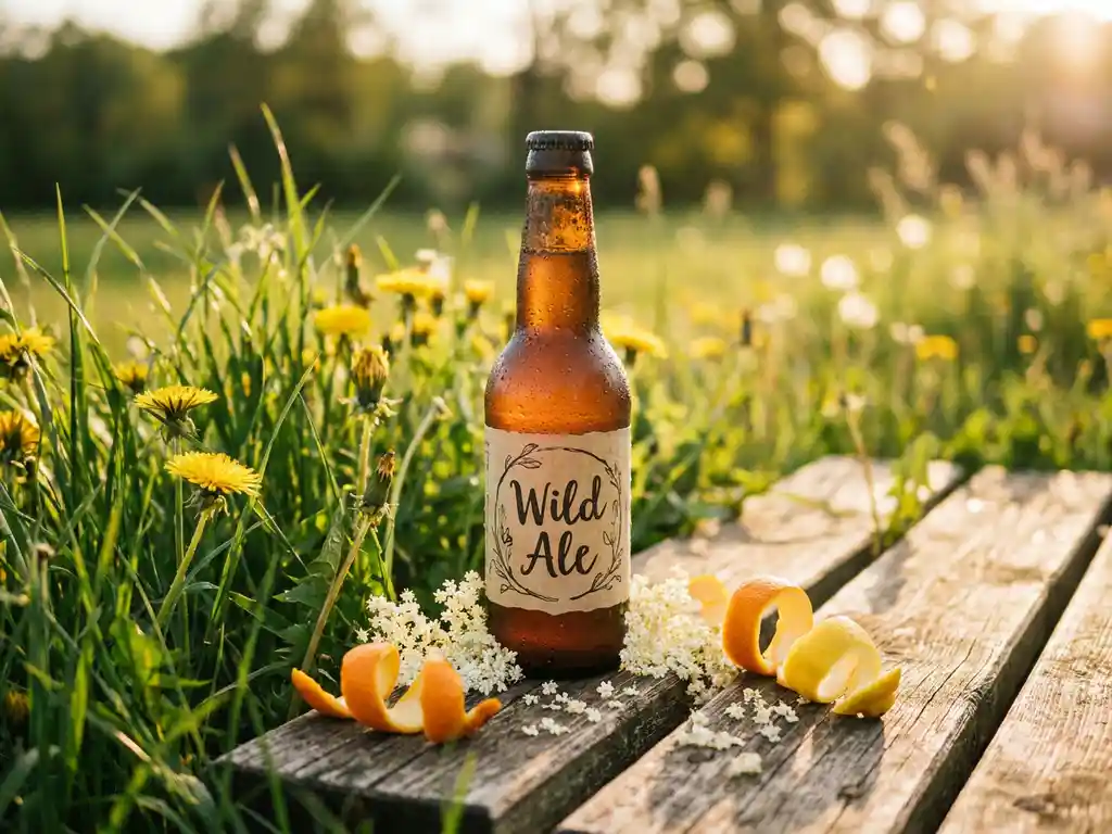 Gekoelde wild ale fles met condensdruppels tussen wilde bloemen en citrusschillen in gouden zomerlicht op houten planken