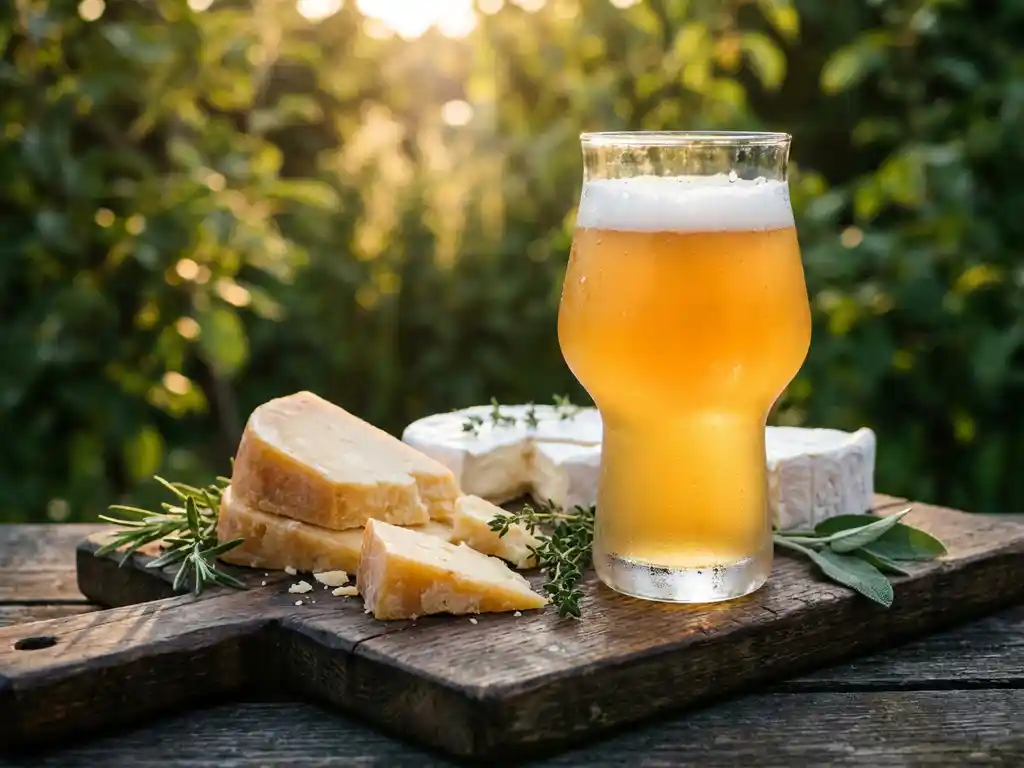 Gouden witbier in beslagen glas op houten plank met oude Goudse kaas, brie en verse kruiden in tuinomgeving