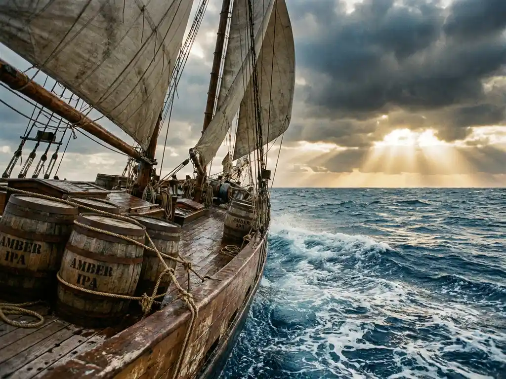 Historisch houten zeilschip met bollende zeilen vaart door ruwe oceaan met amber IPA biervaten vastgesjord op dek
