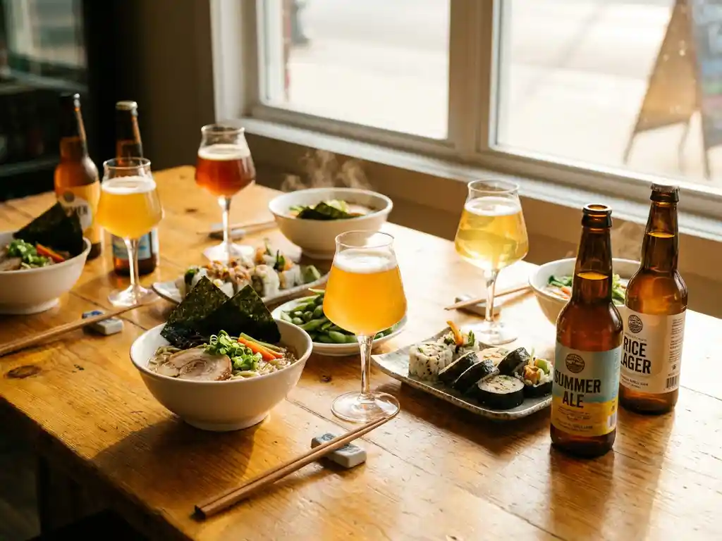 Craft zomerbieren in elegante glazen naast verse Aziatische gerechten op houten tafel, ramen en sushi in warm zonlicht
