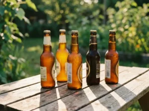 Recepten en Blog 5 Vijf zomerbierflessen met condensdruppels op verweerde houten planken, warme middagzon werpt schaduwen over rustieke tafel