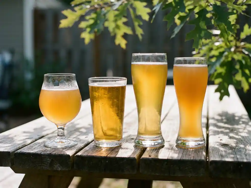 Vier gouden zomerbieren in glazen op verweerde houten picknicktafel met condensdruppels in natuurlijk zonlicht