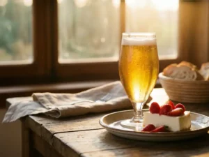 Recepten en Blog 2 Gouden zomerbier in elegant glas naast romige cheesecake met verse bessen op rustieke houten tafel in warm zonlicht