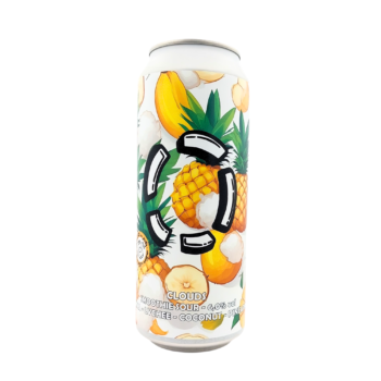 Blikje Clouds van Brouwerij LOST, wit label met illustraties van banaan, ananas, kokos en lychee