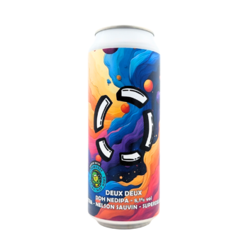 Blikje Deux Deux van Brouwerij LOST met een kleurrijk kosmisch label in blauw, paars en oranje