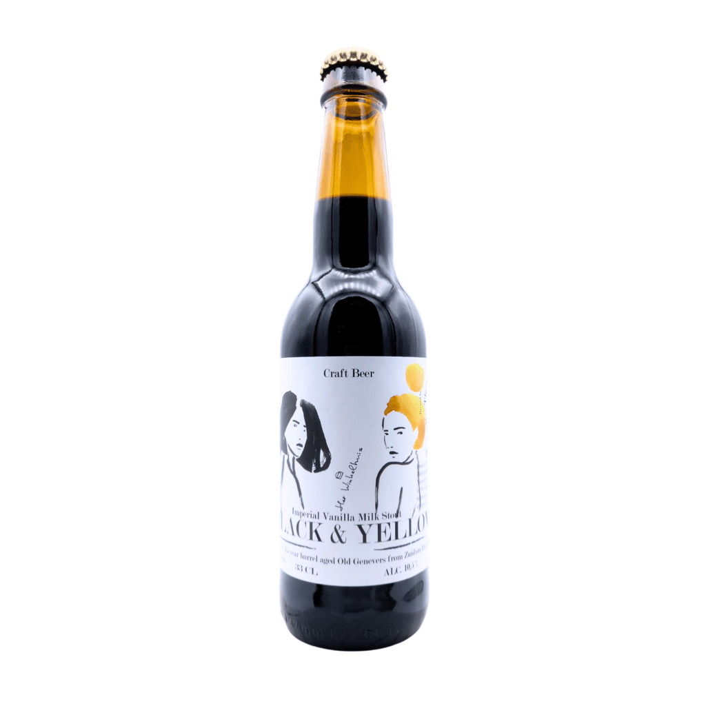 Fles Black & Yellow Imperial Vanilla Milk Stout van The Sisters Brewery, 10,5% alcohol en 33 cl