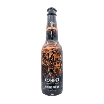 Donkere bierfles Frontwerf met een historische mijnwerkersillustratie, een NEIPA van Brouwerij Kompel