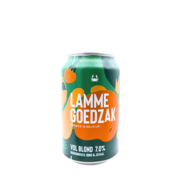 Groen blikje Lamme Goedzak met oranje illustraties, een Belgisch blond bier van Scheldebrouwerij