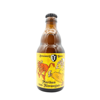Bruine bierfles Mariken van Nimwegen met een geel diamantpatroon label en een illustratie van een duivel die een vrouw achtervolgt