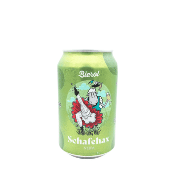 Groen blikje Schafehax met een geïllustreerd schaap dat proost, een New England IPA van Bierol