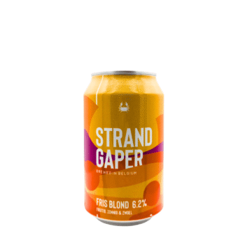 Goudgeel blikje Strandgaper met oranje en paarse golven, een Belgisch fris blond bier van Scheldebrouwerij