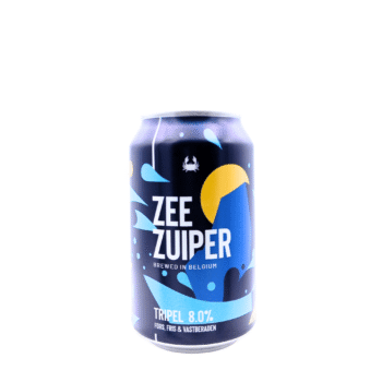 Donkerblauw blikje Zeezuiper met een geel maanmotief, een Belgische tripel van Scheldebrouwerij