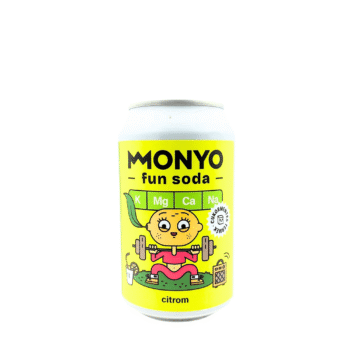 Geel blikje MONYO Reboot Citrom fun soda met een illustratie van een gewichtheffend citroenfiguurtje