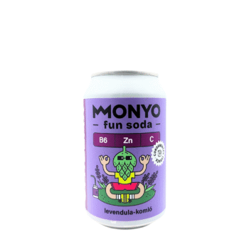 Paars blikje MONYO Chillax Levendula Komló fun soda met een illustratie van een mediterend hopfiguurtje