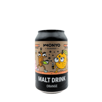 Zwart blikje MONYO Orange Malt Drink met een illustratie van een moutfiguurtje en een sinaasappelfiguurtje