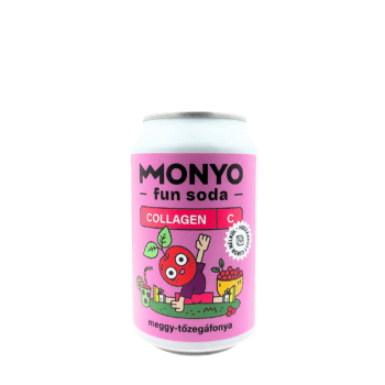 Roze blikje MONYO Velvet Cherry Cranberry Collagen fun soda met een illustratie van een zwaaiend kersfiguurtje