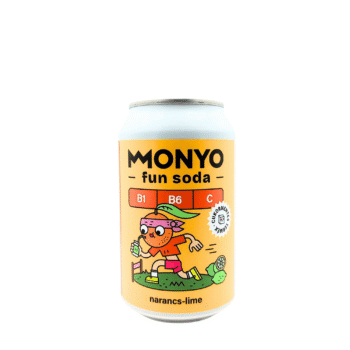 Geel blikje MONYO Charge Narancs Lime fun soda met een illustratie van een rennend sinaasappelfiguurtje