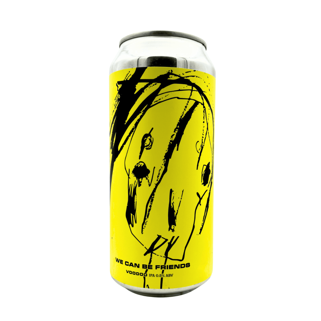 Blikje Voodoo van We Can Be Friends, felgeel label met een zwarte gezichtstekening