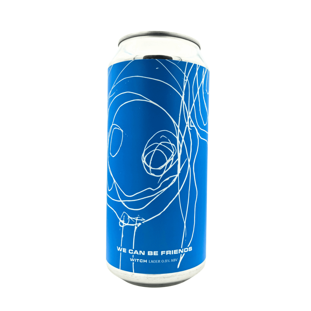 Blikje Witch van We Can Be Friends, blauw label met een witte abstracte lijntekening