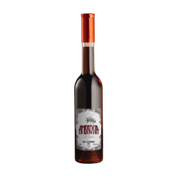 Slanke fles Ambrosia mede met donkerrode vloeistof, oranje capsule en een sierlijk label met een bij