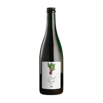 Donkergroene fles Biet met een wit label met een illustratie van een rode biet met blad