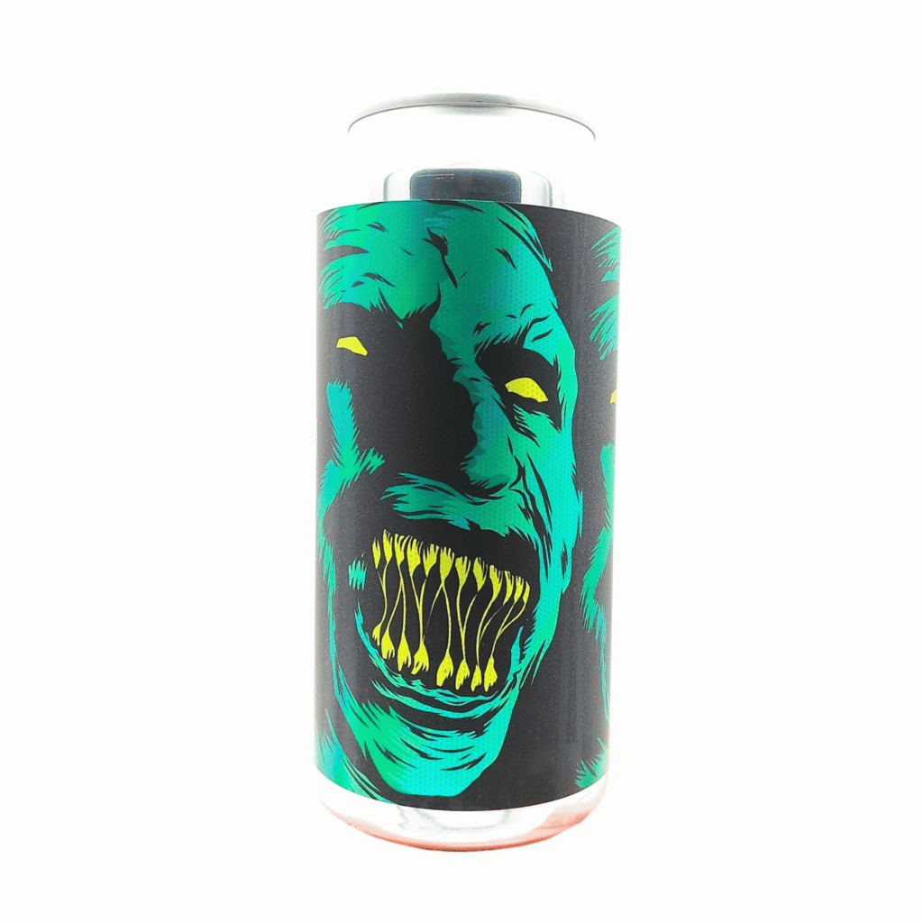 Blikje Bogeyman van Salama Brewing Company, met een dreigend groen monstergezicht met gele tanden op een zwart label
