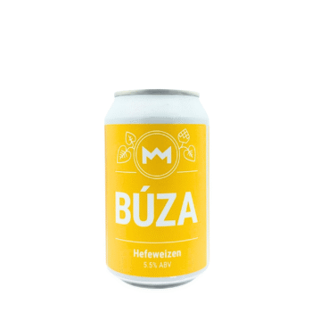 Blikje MONYO Búza, een Hefeweizen met een geel label en een kroon en hop logo