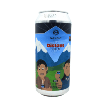 Blik Distant Hills van Farsight Brewing met blauw berglandschap, illustraties van twee personen die proosten en het opschrift NZ TIPA 10%