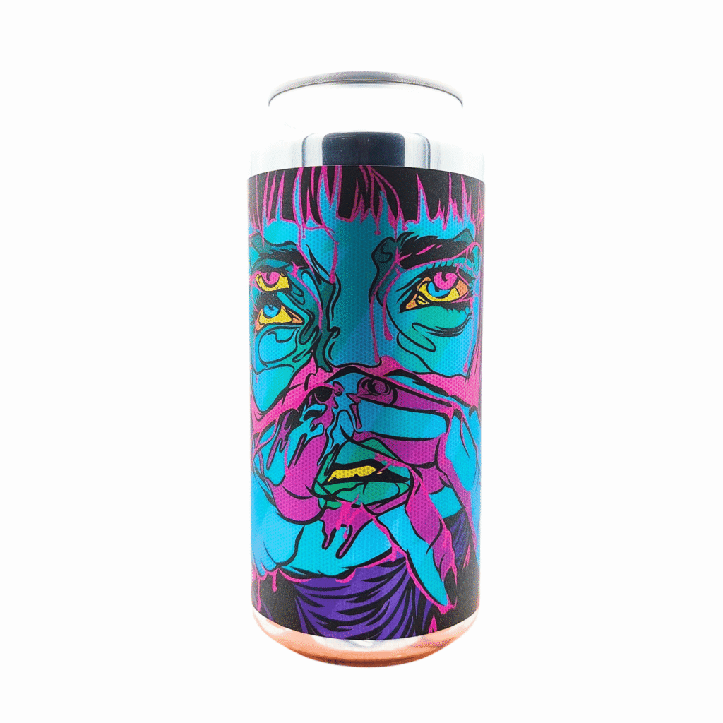 Blikje Hallucination van Salama Brewing Company, met een kleurrijk psychedelisch label in teal, roze en paars van een gezicht