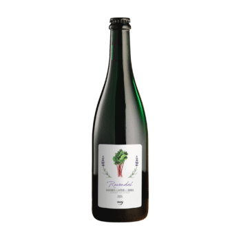 Donkergroene fles Ravendel met een wit label met een illustratie van rabarber en lavendel