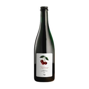 Donkergroene fles Terroir met een wit label met een illustratie van rode krieken aan de tak