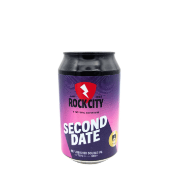 Blikje Second Date van Rock City Brewing met paars naar roze verlopend label, rood schild logo en gouden medaille