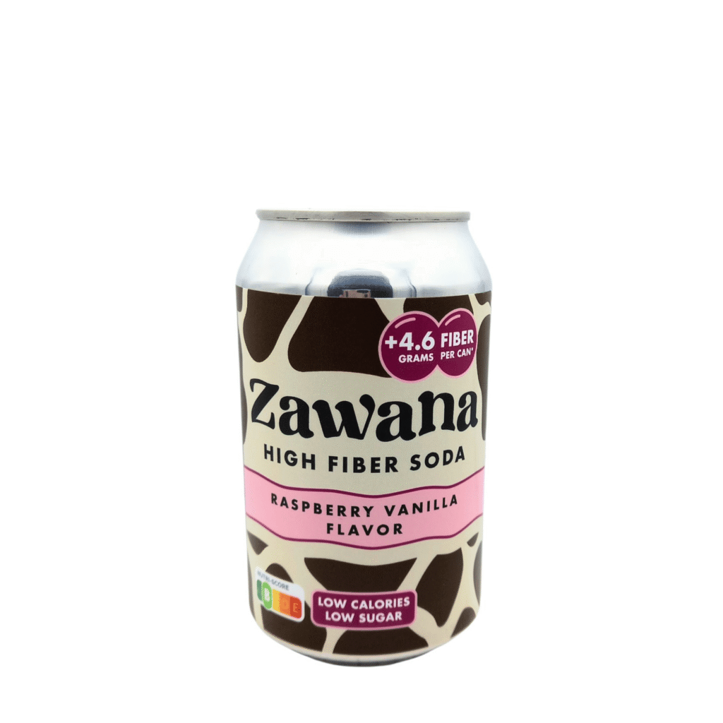 Blikje Zawana Raspberry Vanilla met giraffe print in bruin en crème, roze accenten en de tekst High Fiber Soda