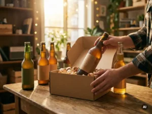 Recepten en Blog 3 Amberflesjes IPA-bier worden verpakt in een kraft geschenkdoos met houtsnippers op een verweerde eiken tafel, warm goudachtig tegenlicht.