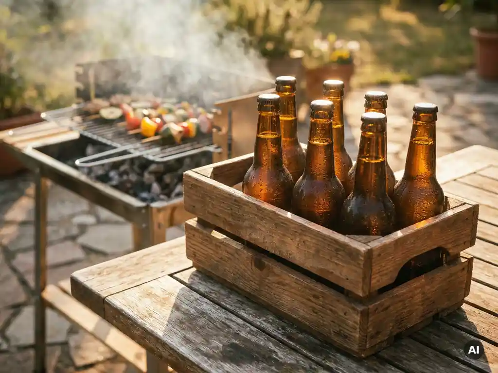 Ijskoude craft bierflessen met condensdruppels in houten krat naast rokende barbecuegrill, gouden middagzon.
