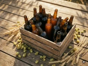 Recepten en Blog 3 Rustieke houten krat met diverse Europese craft bier flessen, omringd door losse hop en tarwehalmen op een zonnig terras.