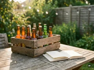 Recepten en Blog 5 Houten krat met ambachtelijke bierflessen op een tuintafel in middagzon, met een opengeslagen linnen notitieboek ernaast.