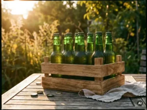 Recepten en Blog 2 Ijskoude craft bierflessen met condensdruppels in verweerde houten krat op zonnige tuintafel, flessenkapjes en linnen servet erbij.
