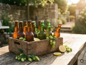 Recepten en Blog 5 Diverse craft bierflessen in houten krat op buitentafel, condensdruppels op amber en groen glas, hopbellen en citroenschijfjes in zomers zonlicht.