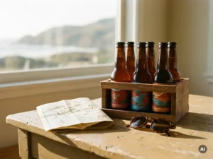 Recepten en Blog 1 Craft bierenpakket met kleurrijke flesjes op rustieke houten tafel naast een vakantiekaart en zonnebril in warm middaglicht.