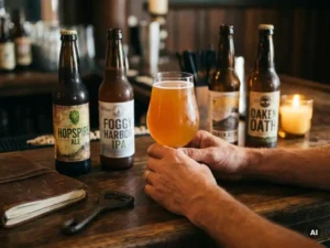 Recepten en Blog 1 Ervaren bierfanaat houdt een tulpglas met hazy amber IPA vast aan een donkere eiken bar, omringd door craft IPA-flessen en een leren notitieboek.