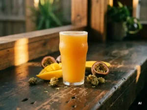 Recepten en Blog 6 Berijpt bierglas met hazy golden ale omringd door verse mango, passievrucht en hopbellen op verweerd houten bar in warm tropisch licht.