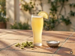 Recepten en Blog 5 Ijskoud Belgisch witbier in hoog glas met condensdruppels en citroenpartje, omringd door hopbellen en zeezout op terracotta tegels in middagzon.