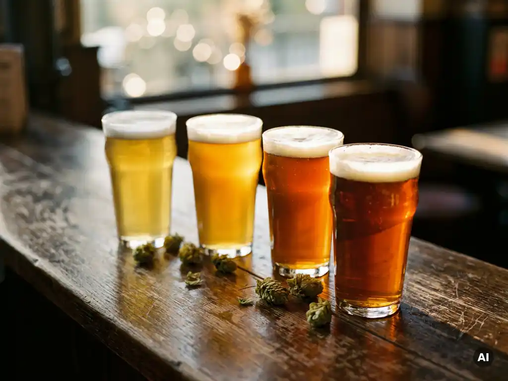 Vier IPA-bierglazen in tasting arc op een eikenhouten bar, van bleekgoud tot diepamber, met losse hopbellen en warm tegenlicht.